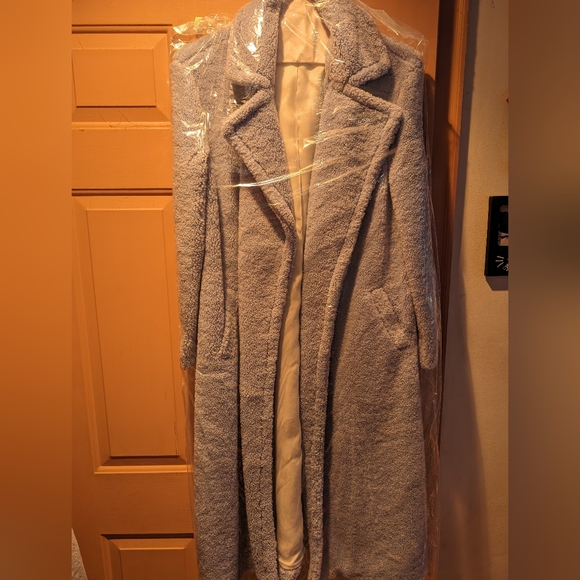 Something Navy Blue Faux Shearling Longline Coat - Picture 8 of 9